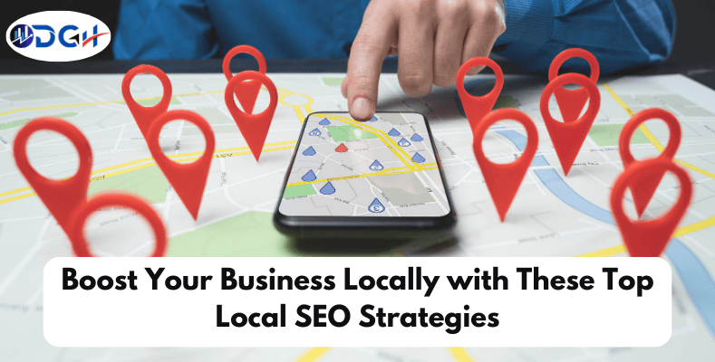 Illustration of local SEO strategies for businesses, featuring icons of Google My Business, reviews, location markers, and a responsive website.