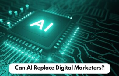 A visual representation asking Can AI Replace Digital Marketers, showing AI tools and human creativity side by side in digital marketing.