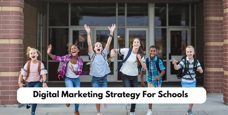 A creative image showing various digital marketing services like SEO, social media, and PPC ads tailored for school promotions.